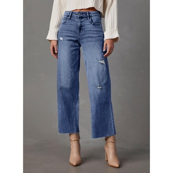 Womens High Waist Baggy Jeans Wide Leg Casual Denim Pants - Picture 2 of 4